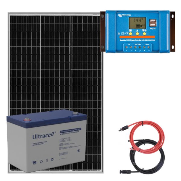 Panel słoneczny 150W i akumulator żelowy 75Ah z regulatorem LCD