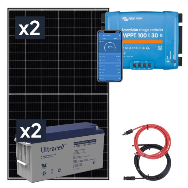 Panel słoneczny 2x435W i akumulator żelowy 2x150Ah z regulatorem MPPT 24V